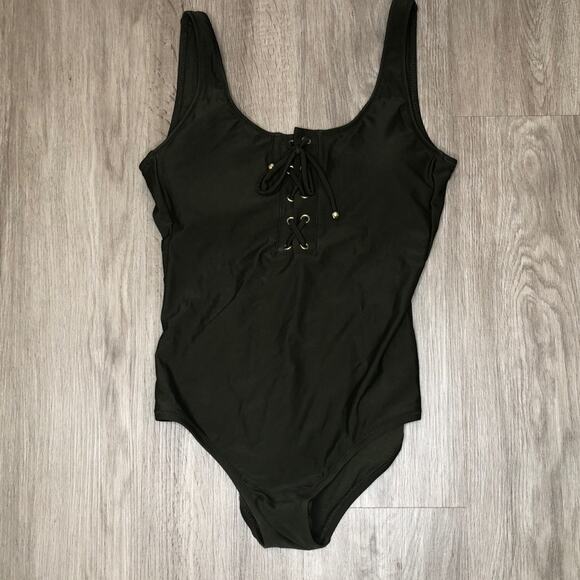 MOSSIMO Women's Olive Green Lace Front Scoop Neck/Back One Piece Swimsuit sz S - Picture 2 of 3